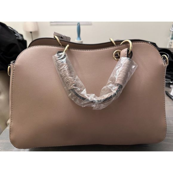 NEW Just Fab Neutral Tan Beige Structured Convertible Satchel Bag Messenger - Picture 2 of 3